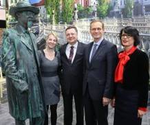 ITB Berlin 2017 - Eröffnungsrundgang: Slowenien - Tjaša Ficko, stellvertretende Bürgermeisterin von Ljubljana; Zoran Jankovic, Bürgermeister von Ljubljana; I.E. Marta Kosmarko, Botschafterin von Slowenien; Michael Müller, Regierender Bürgermeister von Berlin (v.l.n.r.)